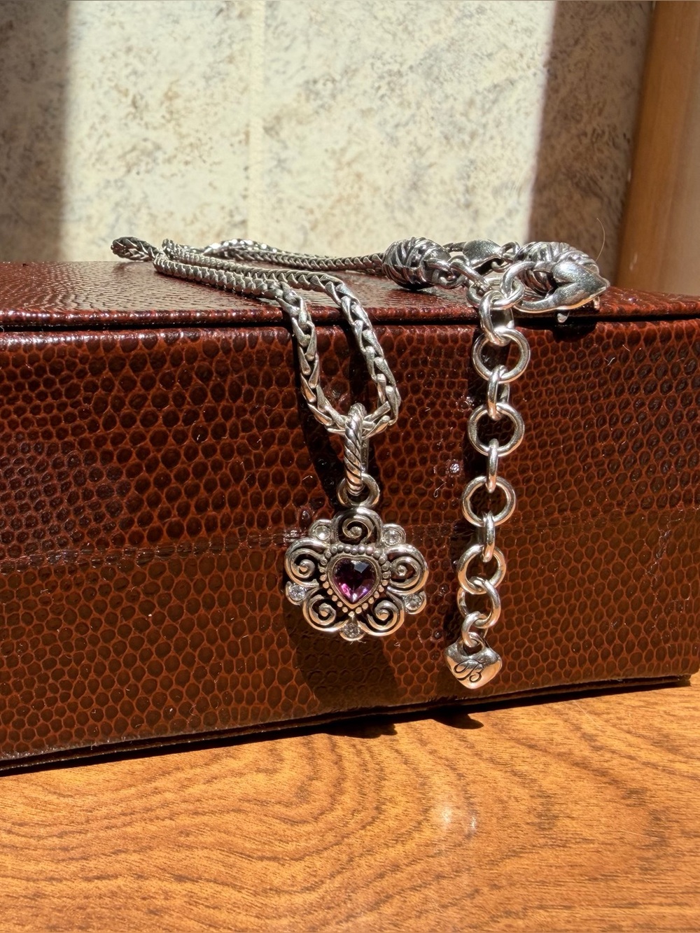 Brighton silver plated vintage heart charm necklace Swarovski crystal purple gem